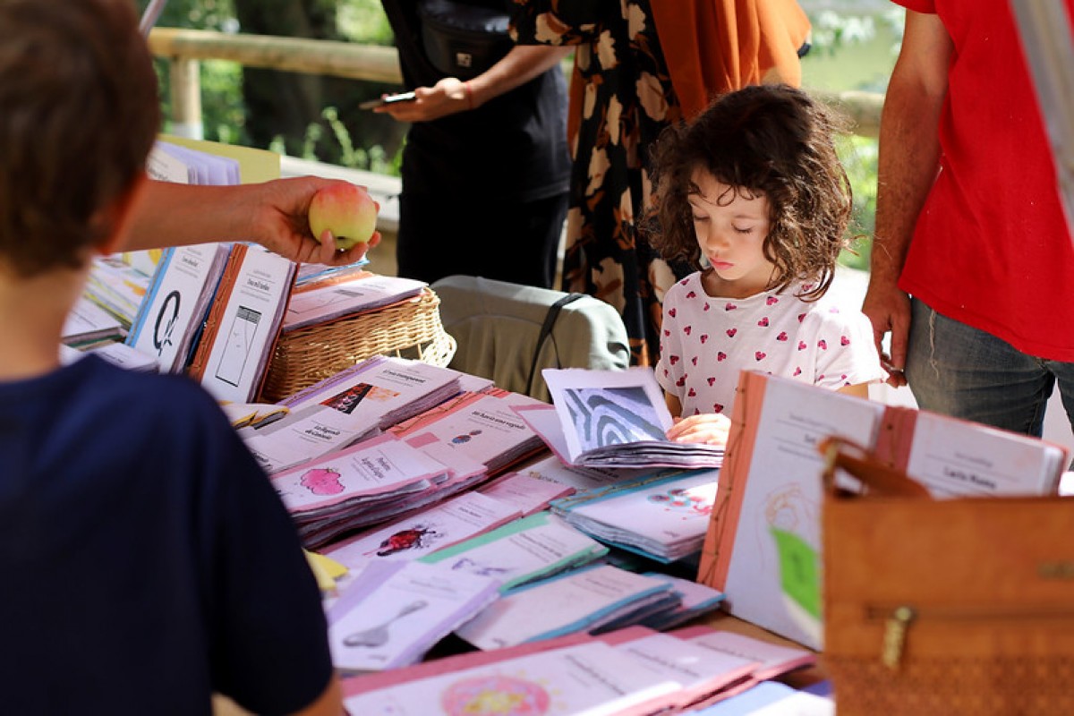Una nena consultant un llibre de la parada dels llibres de Tapís