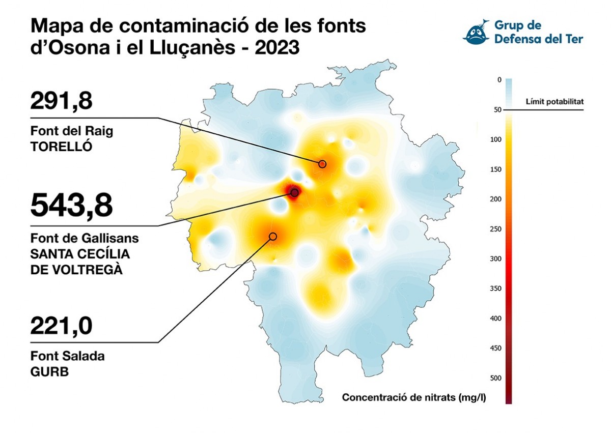 Mapa de la contaminació per purins a Osona, amb les tres fonts amb uns índexs més alts de nitrats
